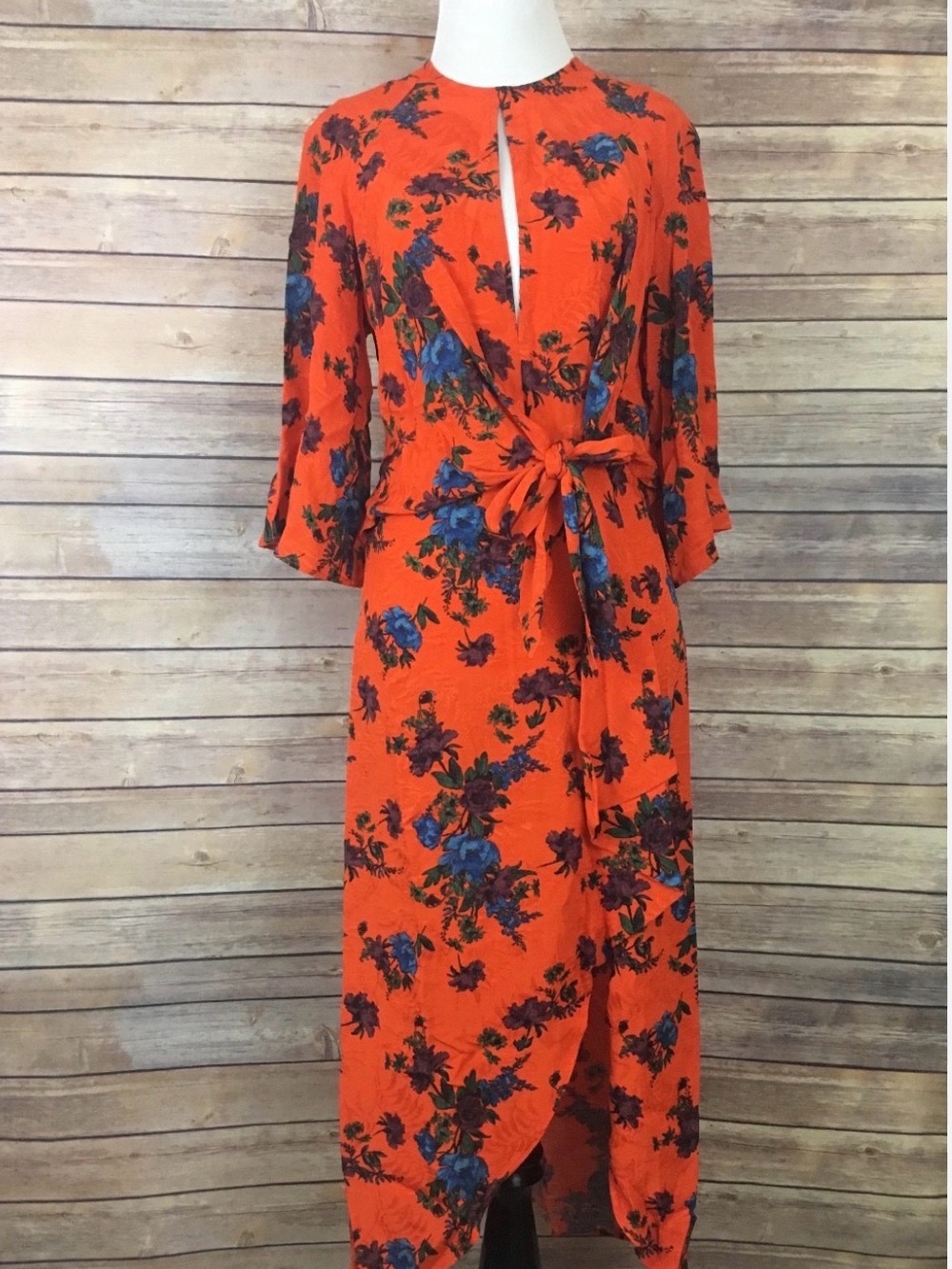 Topshop Orange Floral Wrap Midi Dress